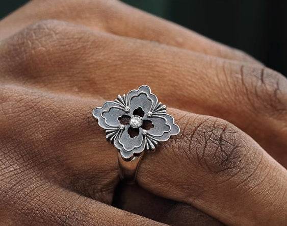 S925 sterling silver four-leaf clover ring men's hip-hop design pattern ring women's opening adjustable - MOWTE