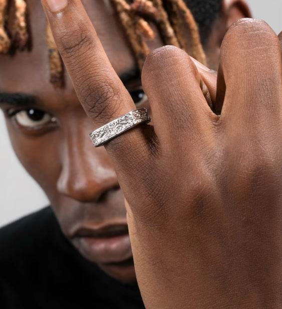 Tang grass pattern S925 sterling silver ring men's hip-hop retro design couple's same style square open ring - MOWTE