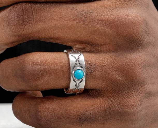 925 sterling silver pattern ring for men hip-hop retro trend personality inlaid turquoise for women open ring - MOWTE