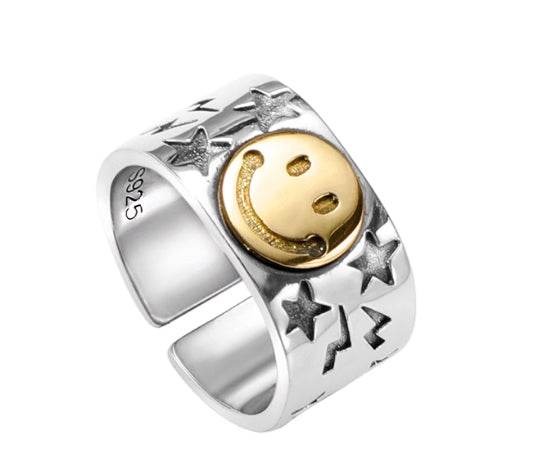 s925 sterling silver smiling face ring five-pointed star smiling face ring men's trendy hip-hop adjustable opening - MOWTE