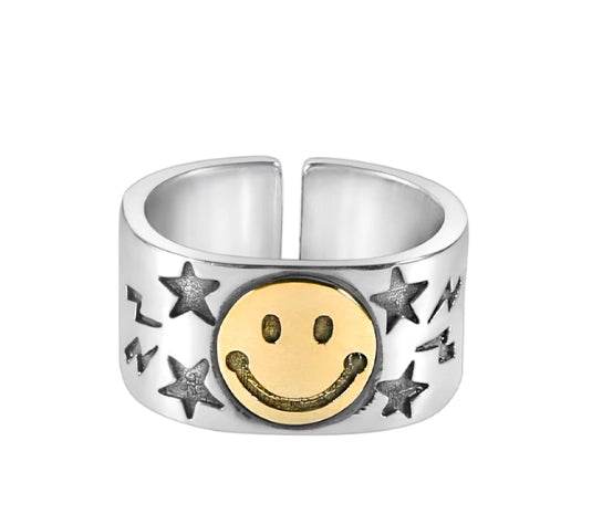 s925 sterling silver smiling face ring five-pointed star smiling face ring men's trendy hip-hop adjustable opening - MOWTE