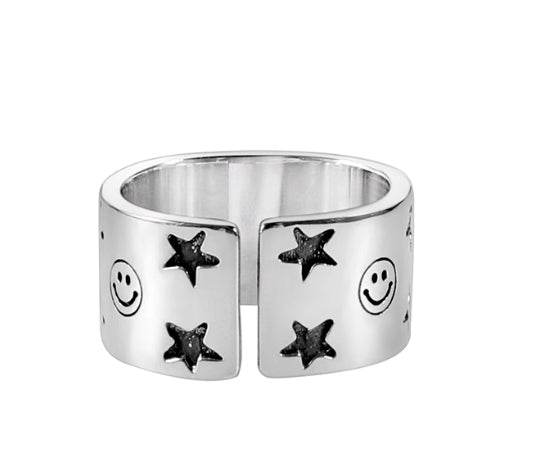 s925 sterling silver smiling face ring five-pointed star smiling face ring men's trendy hip-hop adjustable opening - MOWTE