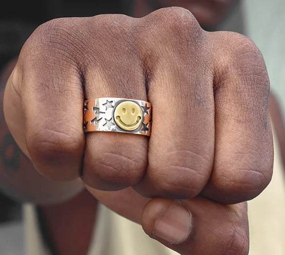 s925 sterling silver smiling face ring five-pointed star smiling face ring men's trendy hip-hop adjustable opening - MOWTE