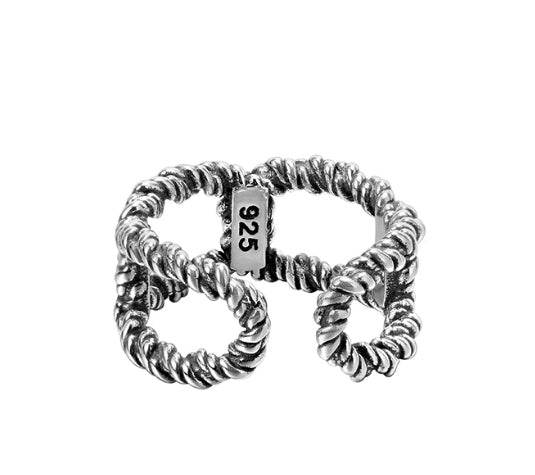 S925 sterling silver hollow twist ring for men and women hip hop open adjustable ring - MOWTE