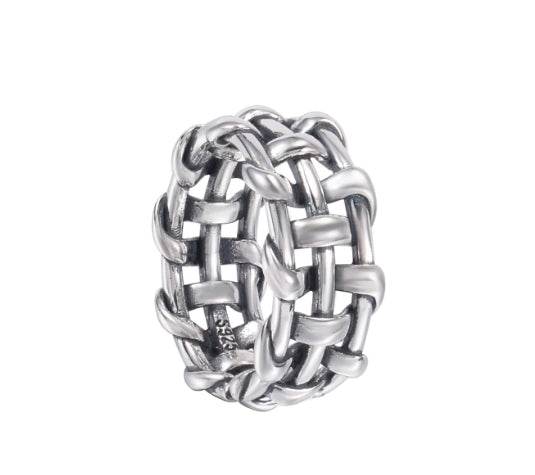 Hand-woven 925 sterling silver ring for men hip hop retro hollow design open adjustable index finger ring for women - MOWTE