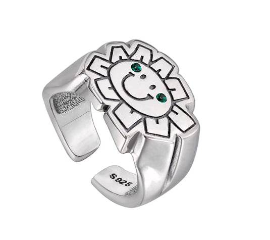 S925 sterling silver sun smile ring men's hip-hop trendy personality diamond index finger ring opening adjustable - MOWTE