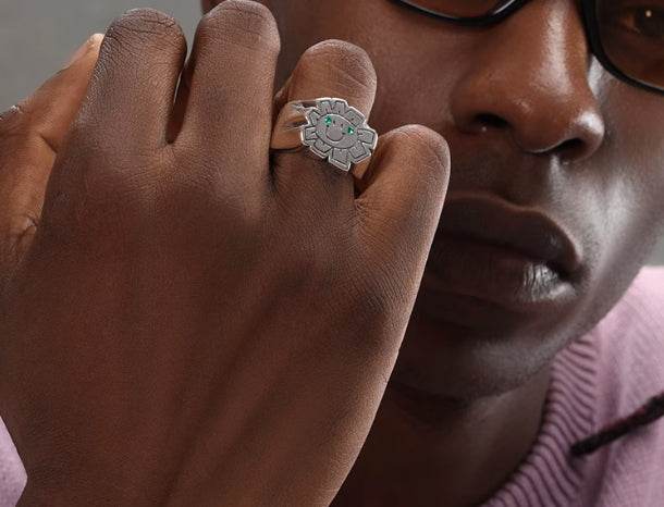 S925 sterling silver sun smile ring men's hip-hop trendy personality diamond index finger ring opening adjustable - MOWTE