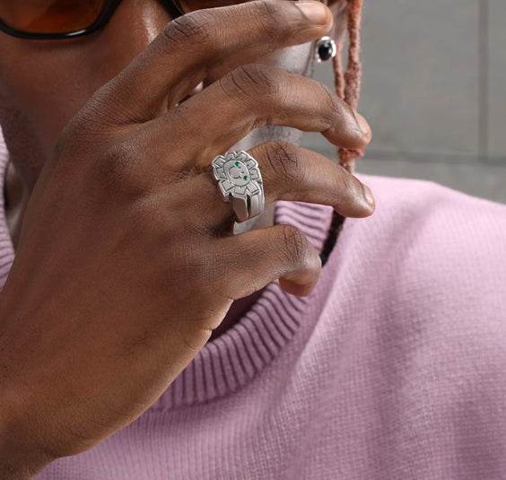 S925 sterling silver sun smile ring men's hip-hop trendy personality diamond index finger ring opening adjustable - MOWTE