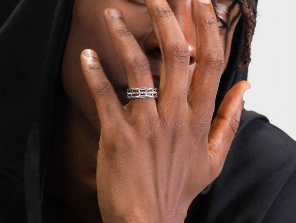 S925 sterling silver hollow twist ring men's hip hop retro open adjustable index finger ring - MOWTE