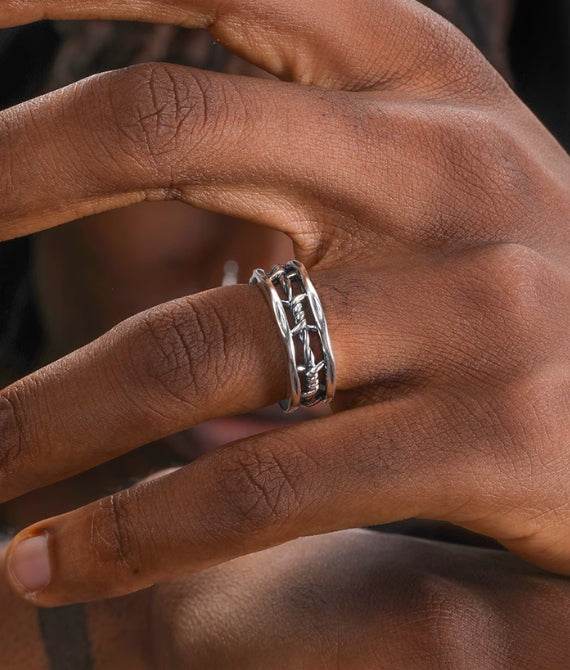 S925 sterling silver hollow twist ring men's hip hop retro open adjustable index finger ring - MOWTE