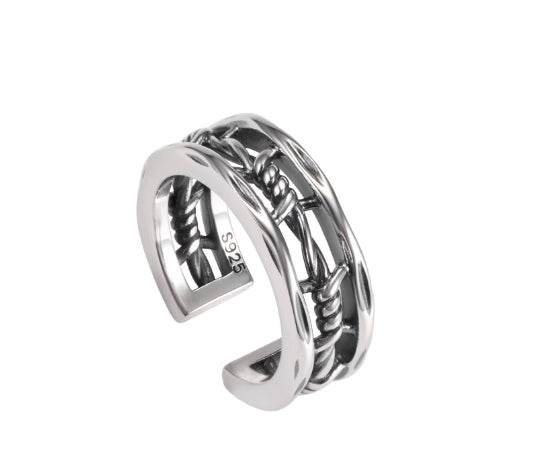 S925 sterling silver hollow twist ring men's hip hop retro open adjustable index finger ring - MOWTE