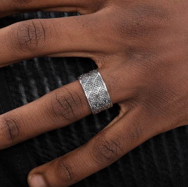 S925 sterling silver cross pattern ring men's and women's hip-hop personality trendy retro open ring - MOWTE