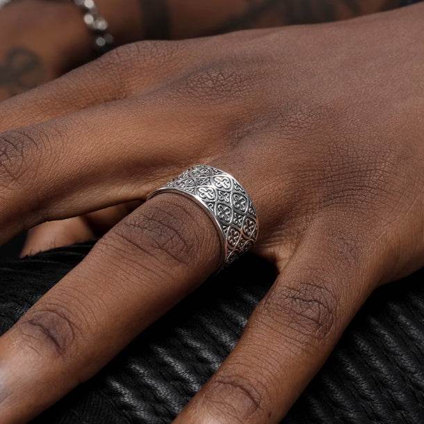 S925 sterling silver cross pattern ring men's and women's hip-hop personality trendy retro open ring - MOWTE
