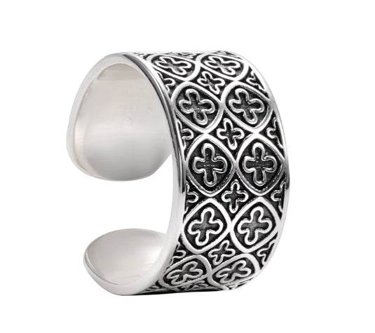 S925 sterling silver cross pattern ring men's and women's hip-hop personality trendy retro open ring - MOWTE