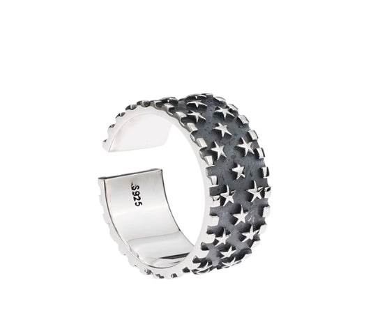 S925 sterling silver multi-five-pointed star ring for men and women hip-hop retro open adjustable index finger ring - MOWTE