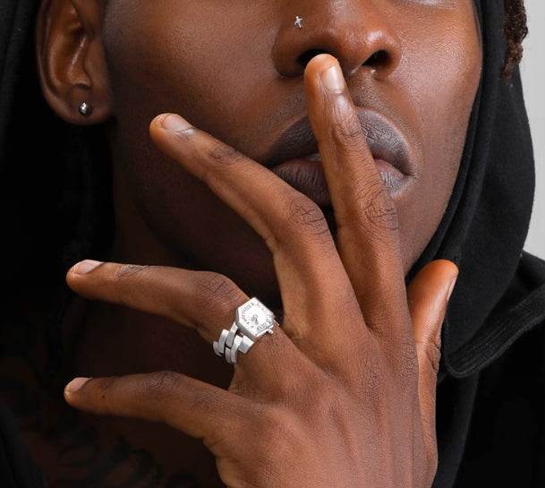 S925 sterling silver clock ring for men and women hip-hop retro trend high-end index finger ring - MOWTE