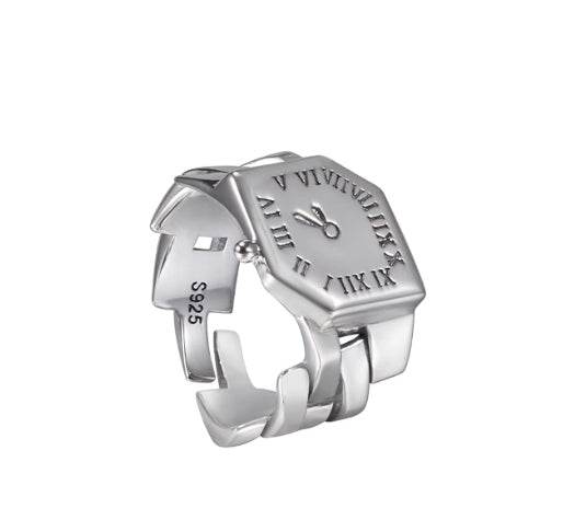 S925 sterling silver clock ring for men and women hip-hop retro trend high-end index finger ring - MOWTE