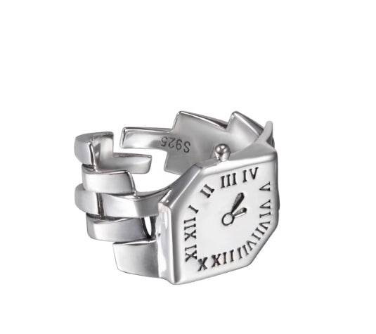 S925 sterling silver clock ring for men and women hip-hop retro trend high-end index finger ring - MOWTE