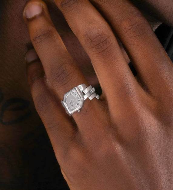 S925 sterling silver clock ring for men and women hip-hop retro trend high-end index finger ring - MOWTE