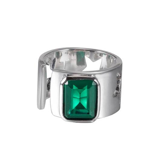 S925 sterling silver emerald ring for men and women, hip-hop trendy hollow five-pointed star index finger ring with adjustable opening - MOWTE