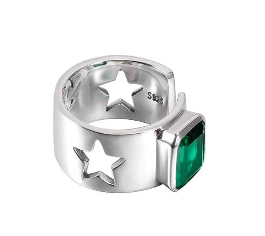 S925 sterling silver emerald ring for men and women, hip-hop trendy hollow five-pointed star index finger ring with adjustable opening - MOWTE