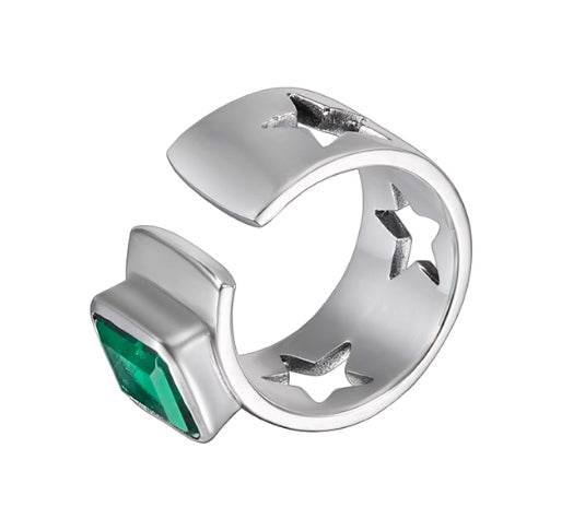 S925 sterling silver emerald ring for men and women, hip-hop trendy hollow five-pointed star index finger ring with adjustable opening - MOWTE