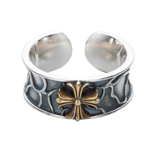 Cross open ring versatile personality S925 sterling silver ring street hip-hop style index finger ring for men - MOWTE