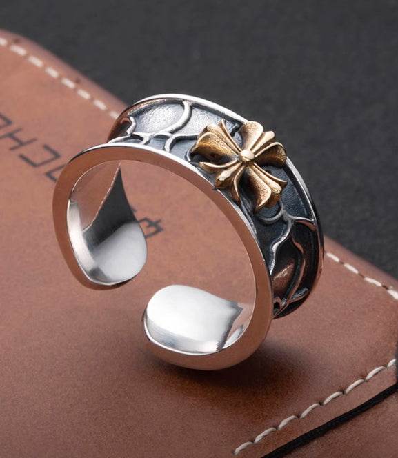 Cross open ring versatile personality S925 sterling silver ring street hip-hop style index finger ring for men - MOWTE