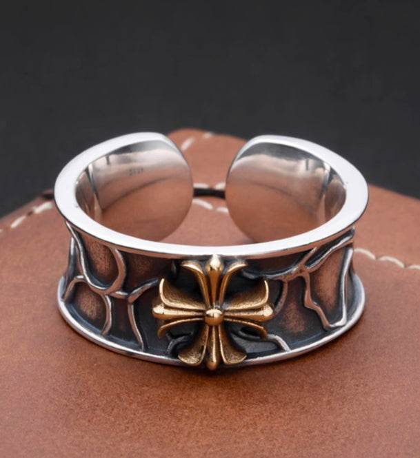 Cross open ring versatile personality S925 sterling silver ring street hip-hop style index finger ring for men - MOWTE