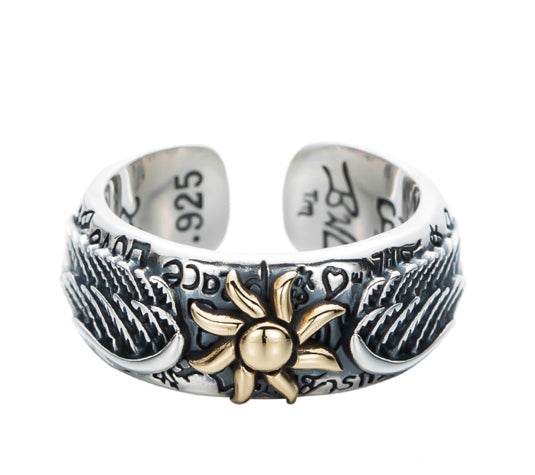 925 sterling silver sunflower wing ring men's retro personalized open ring graffiti ring - MOWTE