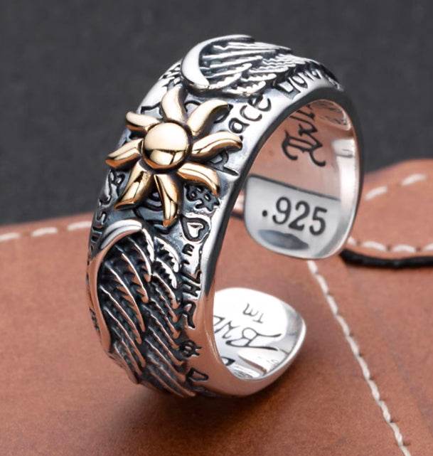 925 sterling silver sunflower wing ring men's retro personalized open ring graffiti ring - MOWTE