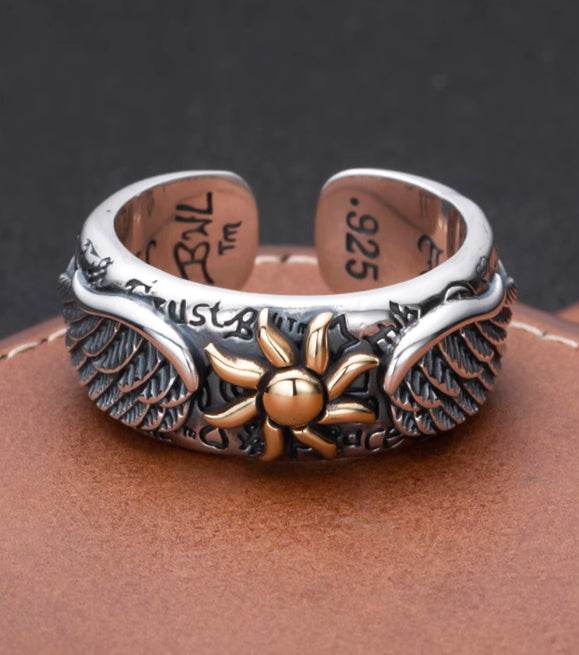 925 sterling silver sunflower wing ring men's retro personalized open ring graffiti ring - MOWTE