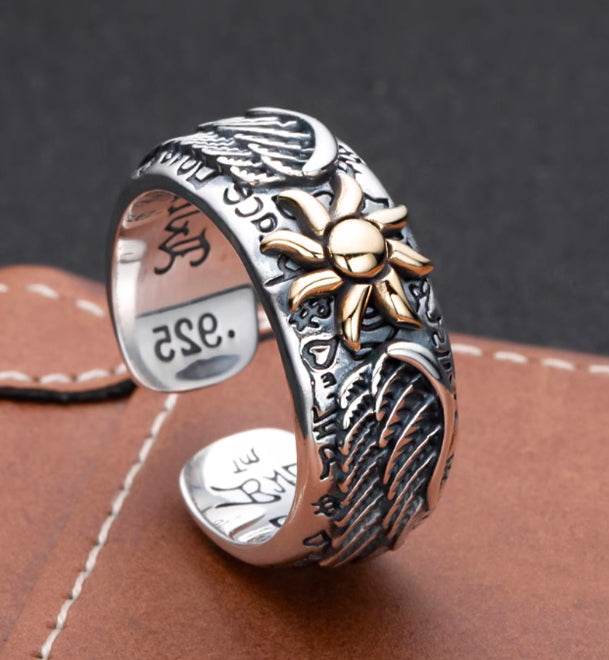 925 sterling silver sunflower wing ring men's retro personalized open ring graffiti ring - MOWTE