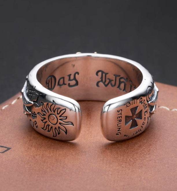 925 sterling silver sunflower wing ring men's retro personalized open ring graffiti ring - MOWTE