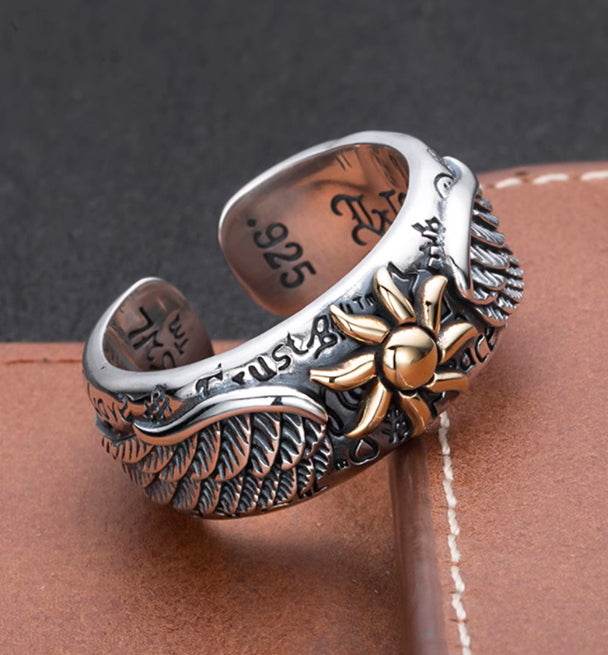 925 sterling silver sunflower wing ring men's retro personalized open ring graffiti ring - MOWTE
