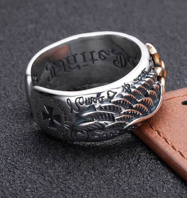 925 sterling silver sunflower wing ring men's retro personalized open ring graffiti ring - MOWTE