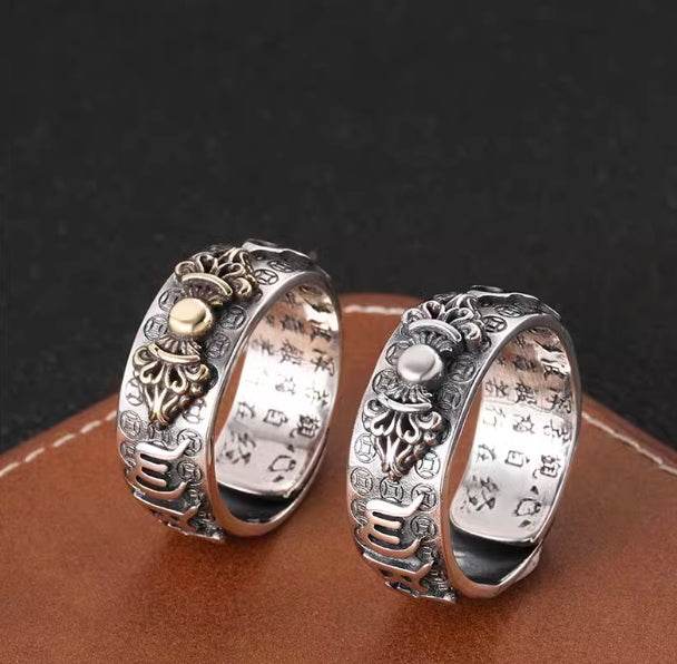 S925 sterling silver retro vajra ring six-character mantra open ring for men - MOWTE