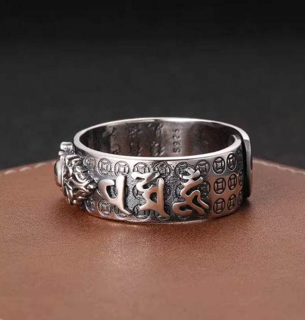S925 sterling silver retro vajra ring six-character mantra open ring for men - MOWTE