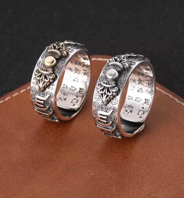 S925 sterling silver retro vajra ring six-character mantra open ring for men - MOWTE