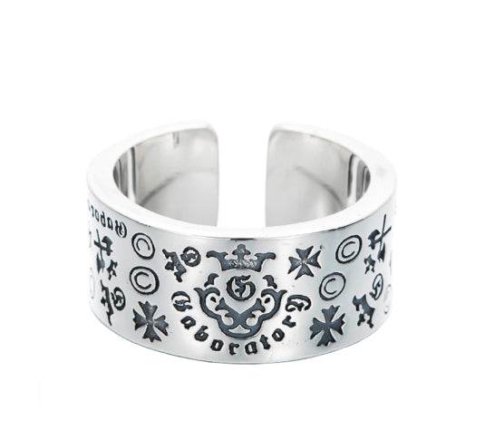 Creative Graffiti Ring Men's S925 Sterling Silver Versatile Wide Ring Personalized Hip-Hop Opening Adjustable - MOWTE