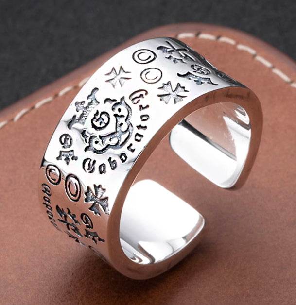 Creative Graffiti Ring Men's S925 Sterling Silver Versatile Wide Ring Personalized Hip-Hop Opening Adjustable - MOWTE
