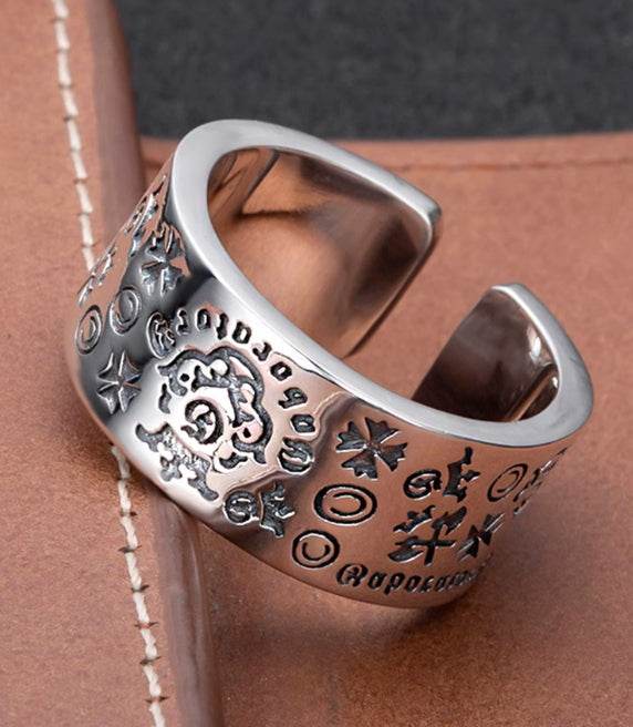 Creative Graffiti Ring Men's S925 Sterling Silver Versatile Wide Ring Personalized Hip-Hop Opening Adjustable - MOWTE