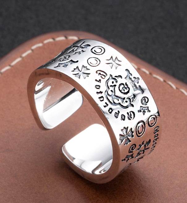 Creative Graffiti Ring Men's S925 Sterling Silver Versatile Wide Ring Personalized Hip-Hop Opening Adjustable - MOWTE