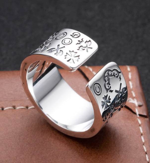 Creative Graffiti Ring Men's S925 Sterling Silver Versatile Wide Ring Personalized Hip-Hop Opening Adjustable - MOWTE