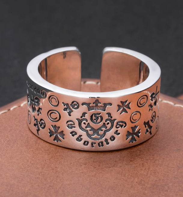 Creative Graffiti Ring Men's S925 Sterling Silver Versatile Wide Ring Personalized Hip-Hop Opening Adjustable - MOWTE