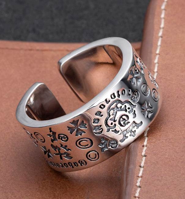 Creative Graffiti Ring Men's S925 Sterling Silver Versatile Wide Ring Personalized Hip-Hop Opening Adjustable - MOWTE