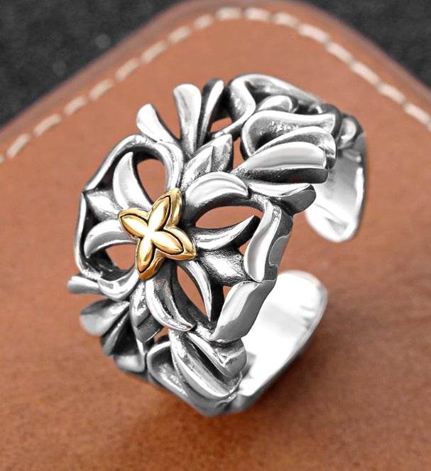 Domineering personality S925 sterling silver vine ring men's and women's street hip-hop cross open ring trend - MOWTE