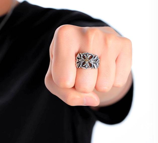 Domineering personality S925 sterling silver vine ring men's and women's street hip-hop cross open ring trend - MOWTE