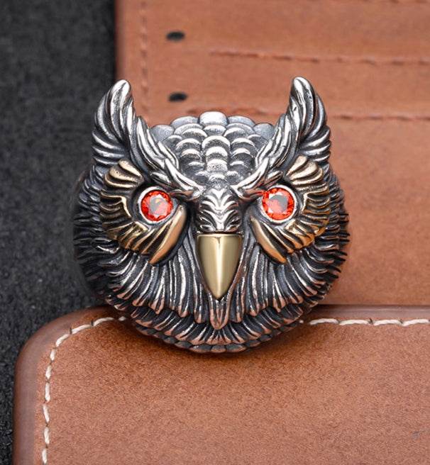 Retro Owl Ring Trendy Men Hip-Hop Personalized Open Ring 925 Sterling Silver Hand-Engraved Index Finger Ring - MOWTE