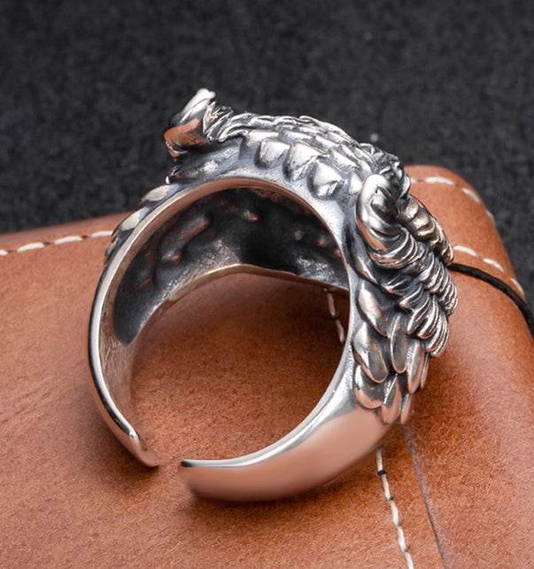 Retro Owl Ring Trendy Men Hip-Hop Personalized Open Ring 925 Sterling Silver Hand-Engraved Index Finger Ring - MOWTE